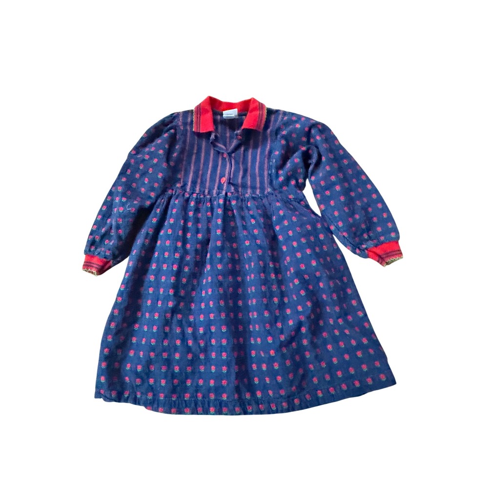 Vintage OshKosh B'Gosh Girls 6 Navy Blue Red Floral Striped Denim Dress USA Made